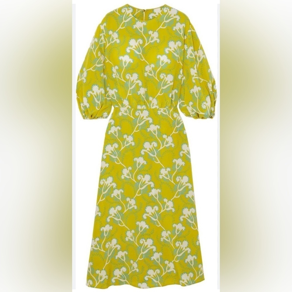 Valentino Floral-print Silk-crepe Midi Dress In Chartreuse - Picture 2 of 6
